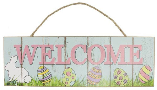Welcome Bunny Easter Wooden Sign : Turquoise Blue Green Pink - 15 Inches x 5 Inches