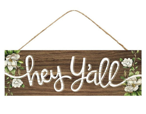 Hey Y'all Magnolia Wooden Sign : Brown White Green - 15 Inches x 5 Inches