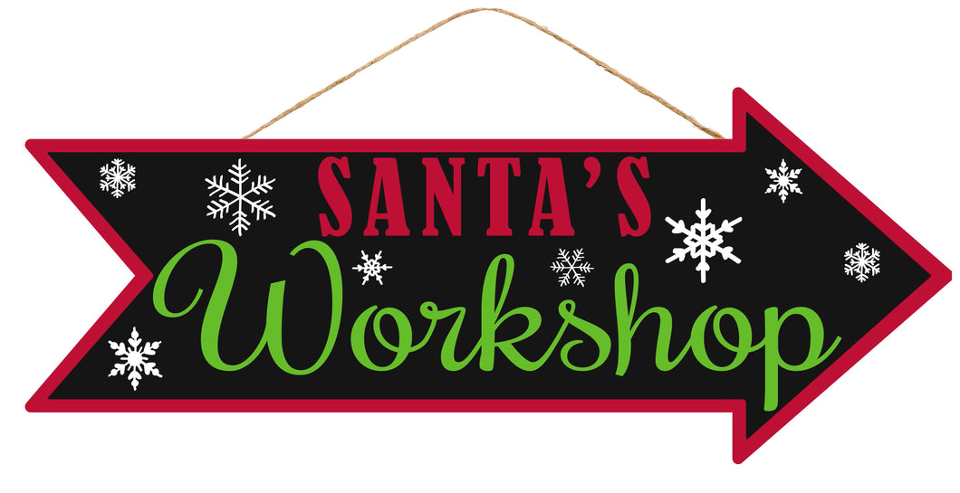 Santa's Workshop Christmas Wooden Sign : Black Red Lime Green - 16 Inches x 6.5 Inches