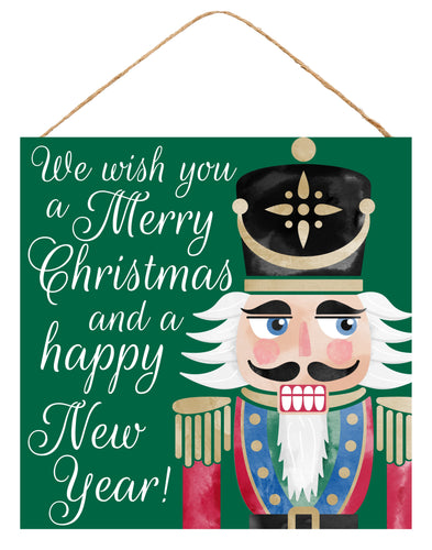 Nutcracker Merry Christmas Wooden Sign : Emerald Green White Red - 10 Inches x 10 Inches