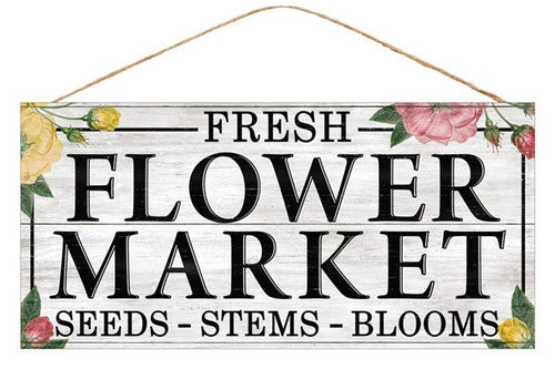 Fresh Flower Market Floral Wooden Sign : Grey Black Pink White - 12.5 Inches x 6 Inches