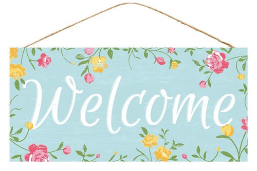 Welcome Floral Flowers Wreath Wooden Sign: Light Blue Multi Colors - 12.5 Inches x 6 Inches