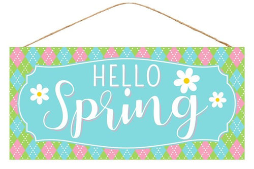 Hello Spring Wooden Sign : Blue White Pink Green - 12.5 Inches x 6 Inches