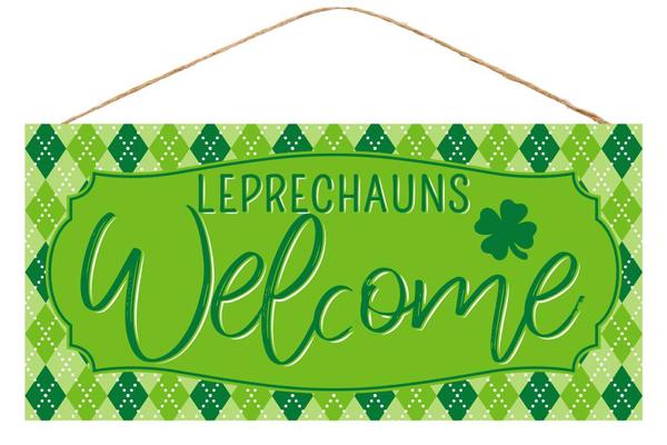Leprechauns Welcome Wooden Sign : Emerald Green White - 12.5 inches x 6 inches