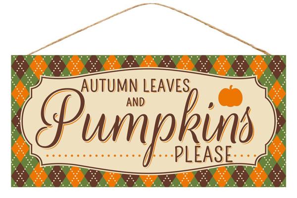 Pumpkin Leaves Wooden Sign: Cream Orange Green Brown - 12.5 Inches x 6 Inches