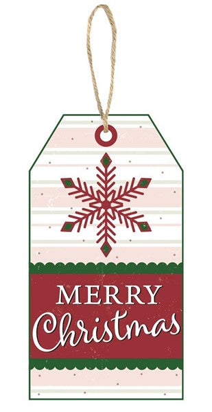 Merry Christmas Luggage Tag Wooden Sign: Red Green White - 12 Inches x 6.5 Inches