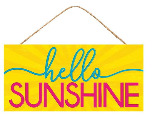 Hello Sunshine Wooden Sign : Yellow, Turquoise Blue, Hot Pink - 12.5 Inches x 6 Inches