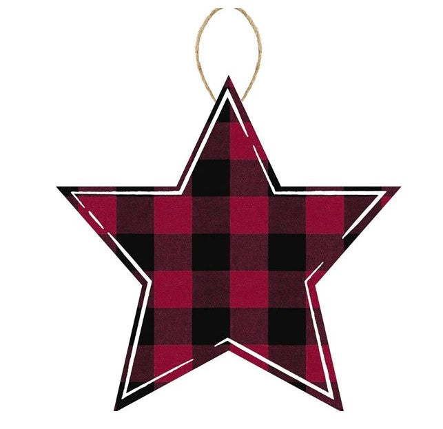 Buffalo Plaid Check Star Wooden Sign : Red Black - 12 Inches x 11.75 Inches