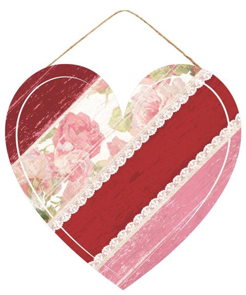 Diagonal Stripe Floral Heart Roses Wooden Sign : Red White Pink  - 12 Inches x 11.5 Inches