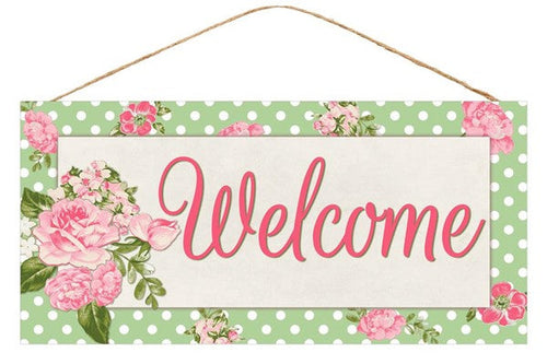 Welcome Pink Floral Wooden Sign - 12 Inches x 12 Inches