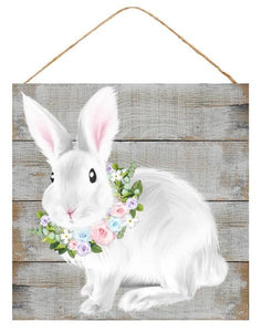 Bunny/Floral Wreath Sign - Easter Spring - 10 Inch Square - White, Green, & Pink