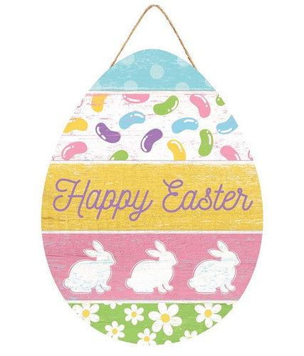 Happy Easter Egg Wooden Sign : Blue Yellow Pink Green Purple - 12 Inches x 9 Inches