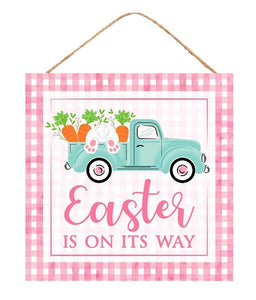 Easter on Its Way Wooden Sign: Farm Truck with Bunny - 10 Inches