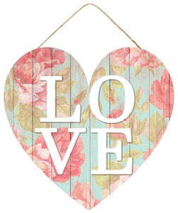 Floral Love Heart Wooden Sign : Blue Pink White - 12 Inches x 11.5 Inches