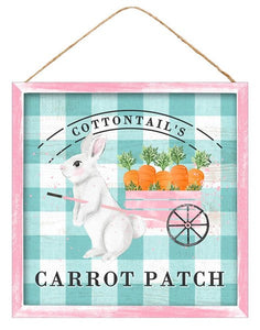 Buffalo Plaid Cottontail's Carrot Patch Easter Bunny with Wagon Sign: 10 x 10 Inches