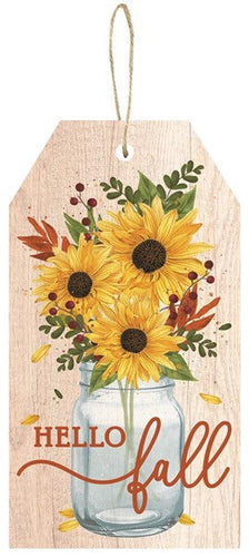 Hello Fall Tag Wooden Sign: Yellow Orange Green - 12 Inches Tall x 6.5 Inches Length