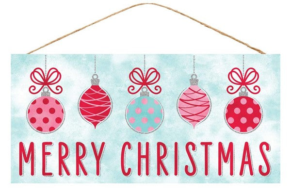 Retro Merry Christmas Ornament Sign : Ice Blue, Red, Pink - 12.5 Inches x 6 Inches