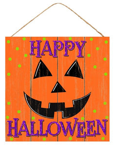 Happy Halloween Pumpkin Wooden Sign : Orange Jack O Lantern - 10 Inches