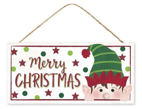 Peeking Elf Face Wooden Sign : White - 12 Inches