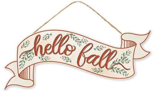 Hello Fall Banner Metal Sign : Cream Orange Sage - 15 inches x 6.25 inches