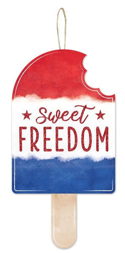Sweet Freedom Wooden Popsicle Wooden Sign: Red White Blue - 13.5 Inches x 7 Inches