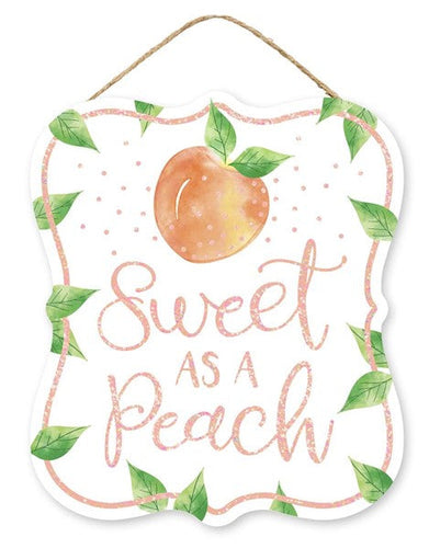 Sweet as a Peach Wooden Sign : Peach Green White - 10.5 Inches x 9 Inches