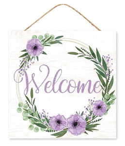 Welcome Floral Wooden Sign: - Wood Wall Door Hanger Sign - 10 Inches x 10 Inches