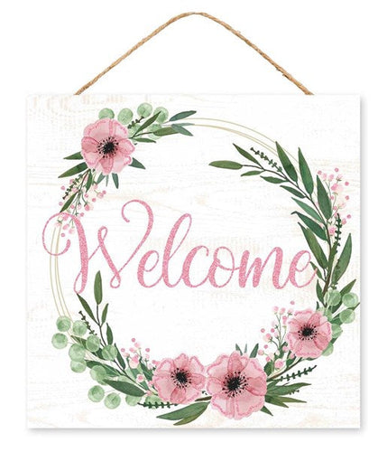 Welcome Floral Wooden Sign (White): Welcome Wood Wall Door Sign - 10 Inches x 10 Inches