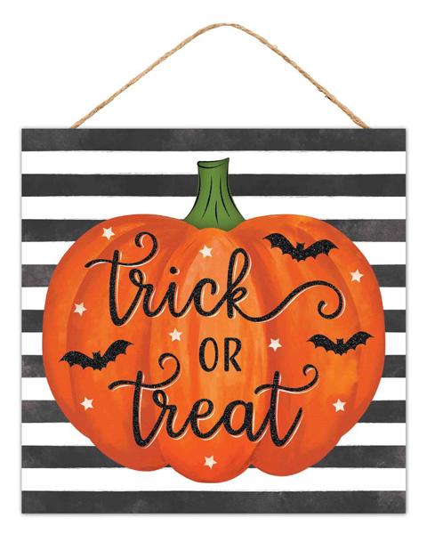 Trick or Treat Halloween Wooden Sign: Black Orange White - 10 Inches x 10 Inches
