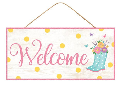 12 Inches Wooden Sign: Welcome Boots - Welcome Rainboots Wall or Door Hanger Sign
