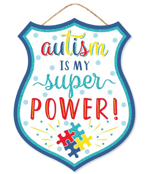 Autism Power Badge Wooden Sign : Blue Red White Yellow - 12 Inches