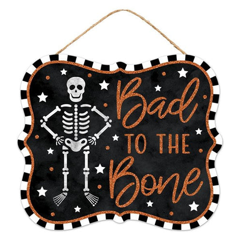 Bad to The Bone Glitter Skeleton Wooden Sign : Black, White, Orange - 10.5 Inches x 9 Inches