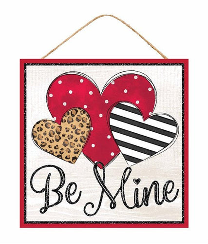 Be Mine Hearts Cheetah Print Wooden Sign : Red, Black, Tan - 10 Inches x 10 Inches