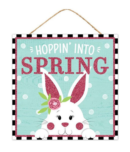 Hoppin Into Spring Wooden Sign : - 10 Inches x 10 Inches