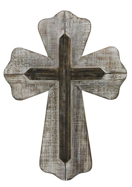 2 Layer Wooden Cross : White Dark Natural Beige - 16 Inches x 12 Inches