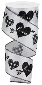 Glitter Check Hearts Wired Ribbon : Black White - 2.5 Inches x 10 Yards (30 Feet)
