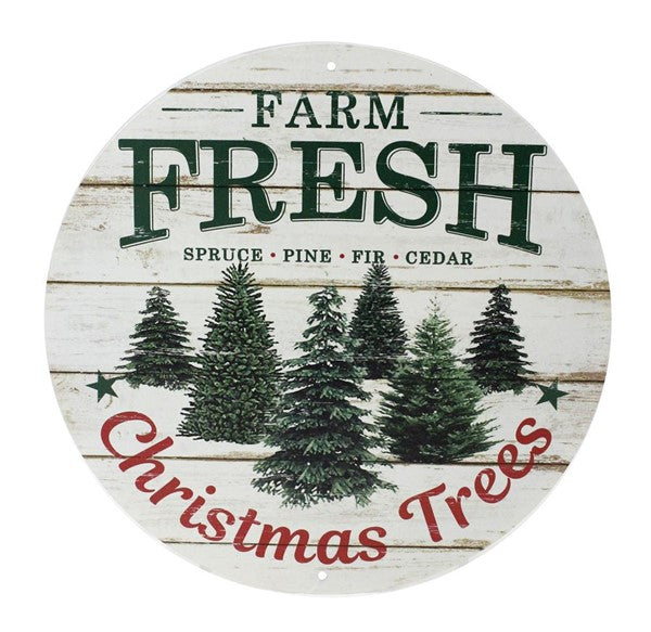 Farm Fresh Christmas Trees Metal Sign : Green Red - 12 Inches Round