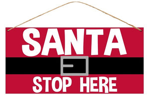 Santa Stop Here Tin Sign : Red Black White Grey Gray - 12 Inches x 6 Inches