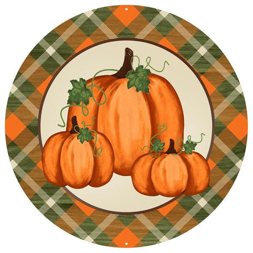 Round Fall Autumn Pumpkin Plaid Sign Green Orange Cream, 12 Inches Round Circular