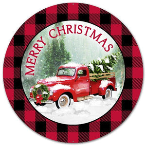Merry Christmas Truck Round Plaid Tin Sign : Red - 12 Inches