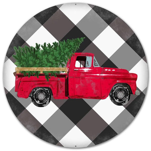 Vintage Truck on Black White Plaid Tin Sign : Red - 12 Inches