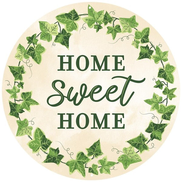 Home Sweet Home Ivy Metal Round Sign: Green Cream - 12 Inches Diameter