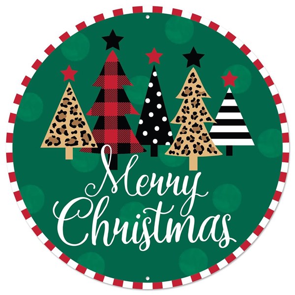 Plaid Trees Merry Christmas Round Metal Sign : Leopard Plaid - 12 Inches Diameter