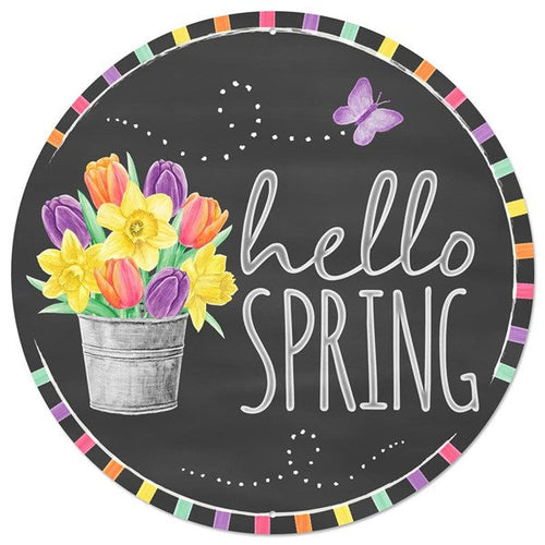 Hello Spring Metal Circle Sign : Grey Pink Purple Yellow - 12 Inches Round
