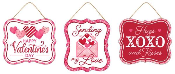Embossed Tin Valentines Signs SET OF 3 : Red Pink Light Pink - 7 Inches x 6 Inches