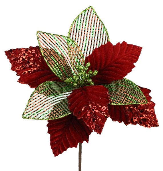 Velvet Foil Christmas Floral Pick : Red Lime Green - 11 Inches Long