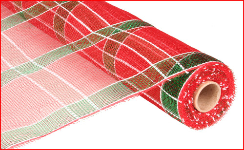 Large Plaid Poly Deco Mesh Ribbon: Red Emerald - 21 inches x 10 yards (30 feet)