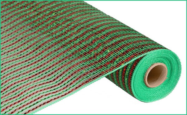 Christmas Wide Foil Lime/Red Stripe Poly Deco Mesh - 21 inches x 10 yards (30 feet)
