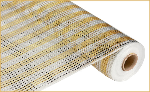 Poly Deco Wide Foil Stripe Mesh Ribbon: Silver Gold - 21 Inches x 10 Yards (30 Feet)