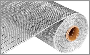 Deco Poly Mesh Ribbon : Metallic Silver with Silver Foil - 10 Inches x 10 Yards (30 Feet)